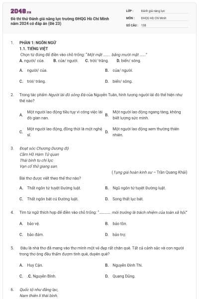 Đề thi thử Đánh giá năng lực trường ĐHQG Hồ Chí Minh năm 2024 có đáp án (Đề 23)