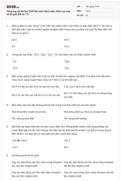 Tổng hợp đề thi thử THPTQG môn Vật lí năm 2020 cực hay có lời giải (Đề số 11)