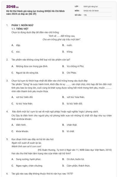 Đề thi thử Đánh giá năng lực trường ĐHQG Hồ Chí Minh năm 2024 có đáp án (Đề 29)