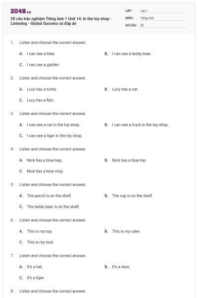 20 câu trắc nghiệm Tiếng Anh 1 Unit 14: In the toy shop - Listening - Global Success có đáp án