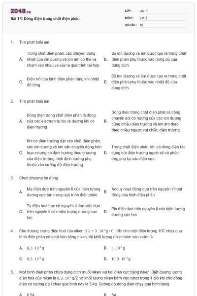 Bài 14: Dòng điện trong chất điện phân