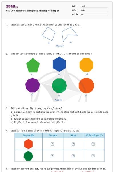 Giải SGK Toán 9 CD Bài tập cuối chương 9 có đáp án