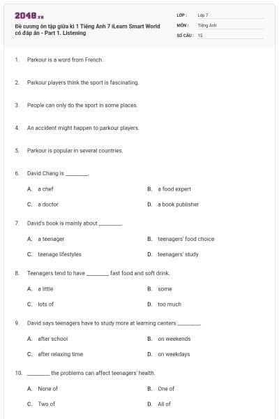 Đề cương ôn tập giữa kì 1 Tiếng Anh 7 iLearn Smart World có đáp án - Part 1. Listening