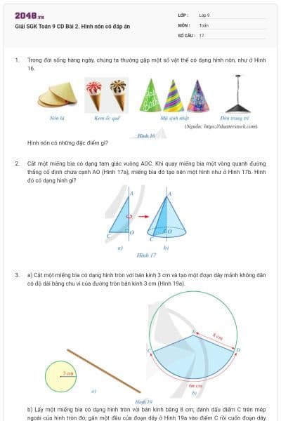 Giải SGK Toán 9 CD Bài 2. Hình nón có đáp án