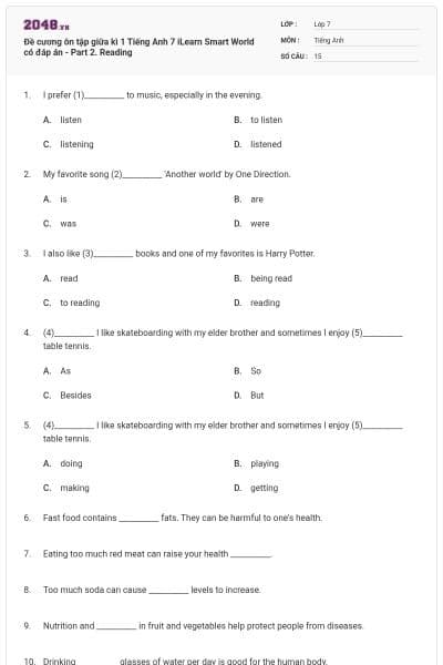 Đề cương ôn tập giữa kì 1 Tiếng Anh 7 iLearn Smart World có đáp án - Part 2. Reading