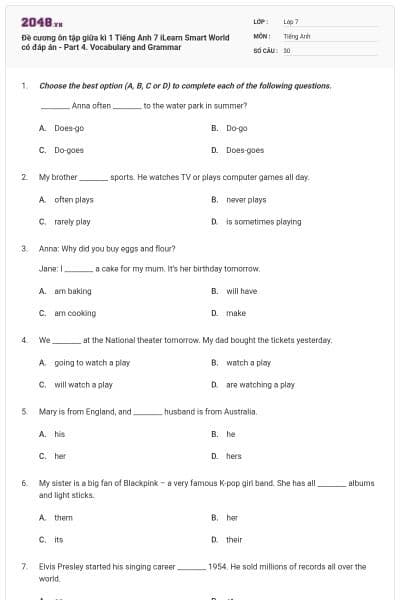 Đề cương ôn tập giữa kì 1 Tiếng Anh 7 iLearn Smart World có đáp án - Part 4. Vocabulary and Grammar