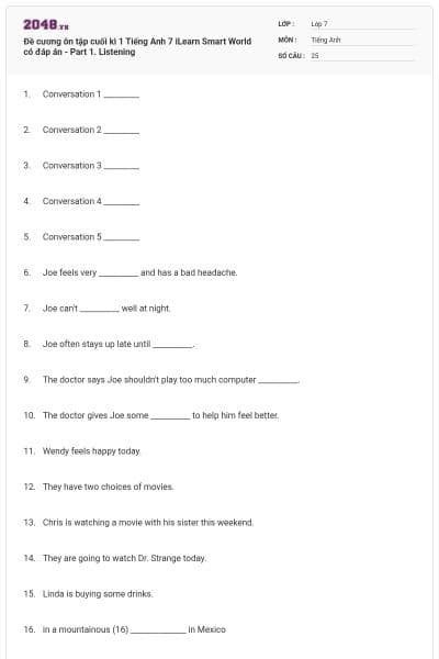 Đề cương ôn tập cuối kì 1 Tiếng Anh 7 iLearn Smart World có đáp án - Part 1. Listening