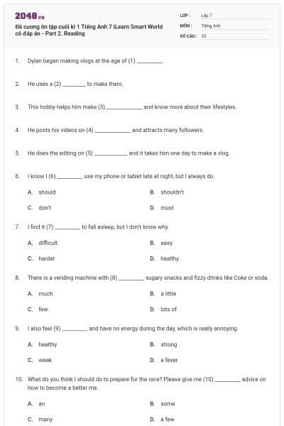 Đề cương ôn tập cuối kì 1 Tiếng Anh 7 iLearn Smart World có đáp án - Part 2. Reading