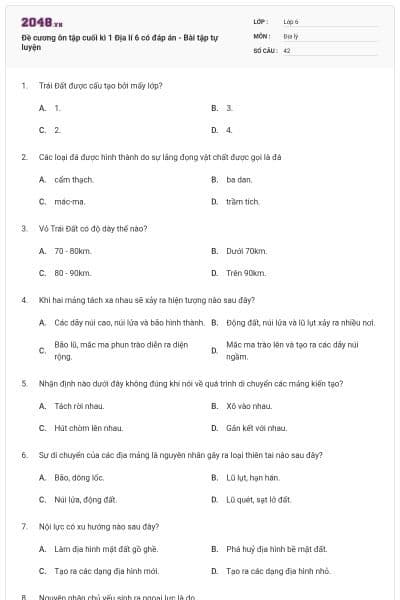 Đề cương ôn tập cuối kì 1 Địa lí 6 có đáp án - Bài tập tự luyện