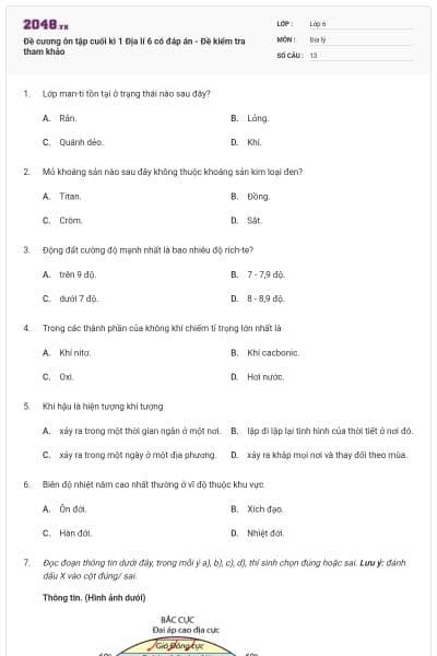Đề cương ôn tập cuối kì 1 Địa lí 6 có đáp án - Đề kiểm tra tham khảo