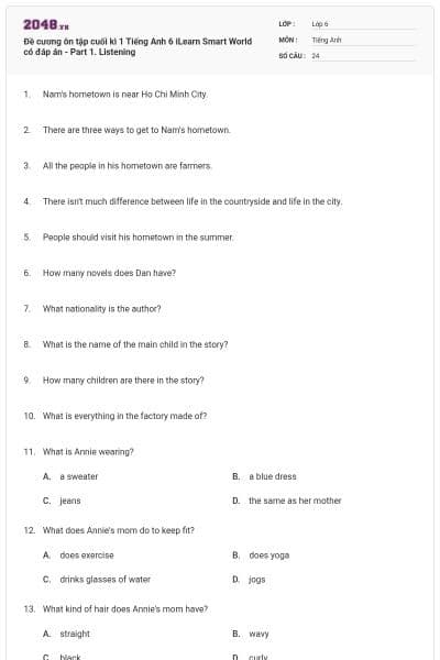 Đề cương ôn tập cuối kì 1 Tiếng Anh 6 iLearn Smart World có đáp án - Part 1. Listening