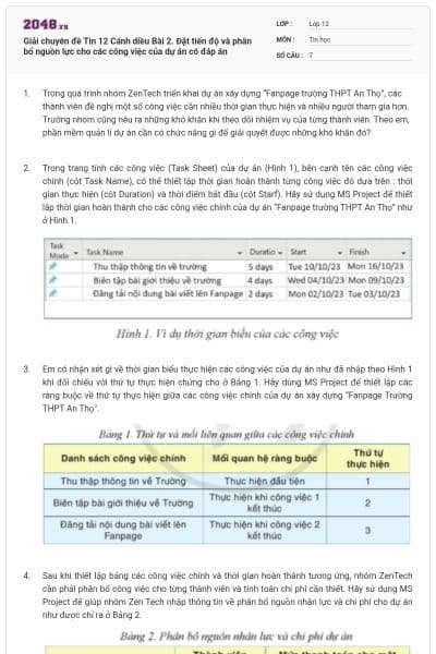 Giải chuyên đề Tin 12 Cánh diều Bài 2. Đặt tiến độ và phân bổ nguồn lực cho các công việc của dự án có đáp án