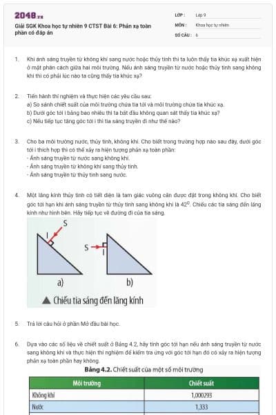 Giải SGK Khoa học tự nhiên 9 CTST Bài 6: Phản xạ toàn phần có đáp án
