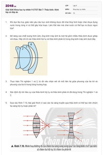 Giải SGK Khoa học tự nhiên 9 CTST Bài 7: Thấu kính. Kính lúp có đáp án