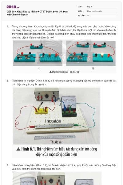 Giải SGK Khoa học tự nhiên 9 CTST Bài 8: Điện trở. Định luật Ohm có đáp án