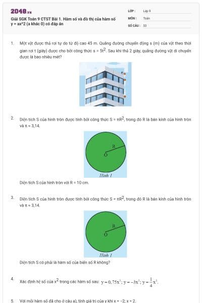 Giải SGK Toán 9 CTST Bài 1. Hàm số và đồ thị của hàm số y = ax^2 (a khác 0) có đáp án