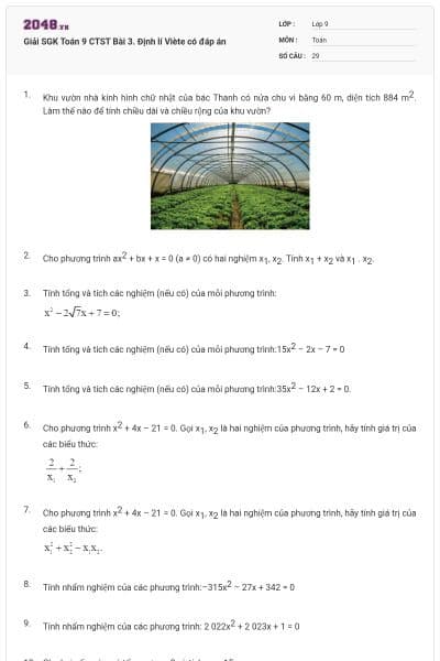 Giải SGK Toán 9 CTST Bài 3. Định lí Viète có đáp án