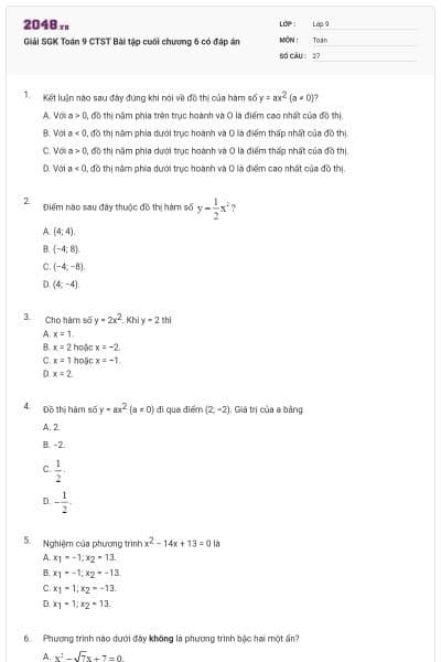 Giải SGK Toán 9 CTST Bài tập cuối chương 6 có đáp án