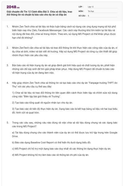 Giải chuyên đề Tin 12 Cánh diều Bài 3. Chia sẻ dữ liệu, trao đổi thông tin và chuẩn bị báo cáo cho dự án có đáp án
