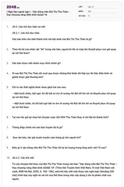 ( Ngữ liệu ngoài sgk ) - Vận động viên Bùi Thị Thu Thảo - huy chương vàng điền kinh Asiad 18