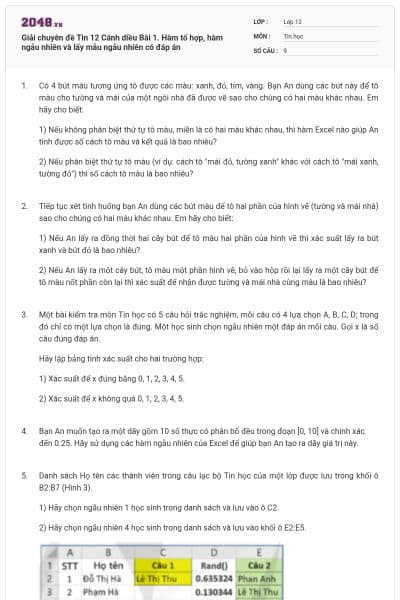 Giải chuyên đề Tin 12 Cánh diều Bài 1. Hàm tổ hợp, hàm ngẫu nhiên và lấy mẫu ngẫu nhiên có đáp án