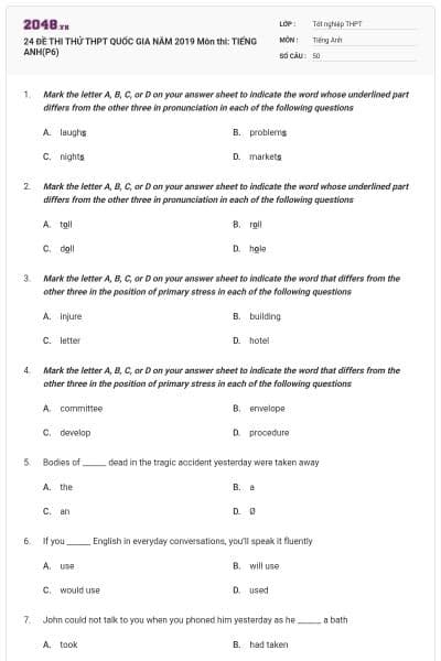 24 ĐỀ THI THỬ THPT QUỐC GIA NĂM 2019 Môn thi: TIẾNG ANH(P6)