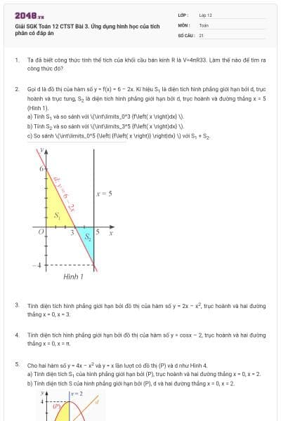Giải SGK Toán 12 CTST Bài 3. Ứng dụng hình học của tích phân có đáp án