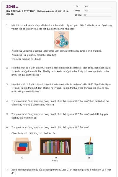 Giải SGK Toán 9 CTST Bài 1. Không gian mẫu và biến cố có đáp án