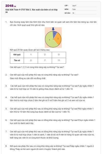 Giải SGK Toán 9 CTST Bài 2. Xác suất của biến cố có đáp án