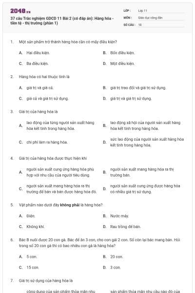 37 câu Trắc nghiệm GDCD 11 Bài 2 (có đáp án): Hàng hóa - tiền tệ - thị trường (phần 1)
