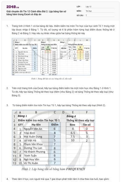 Giải chuyên đề Tin 12 Cánh diều Bài 2. Lập bảng tần số bằng hàm trong Excel có đáp án