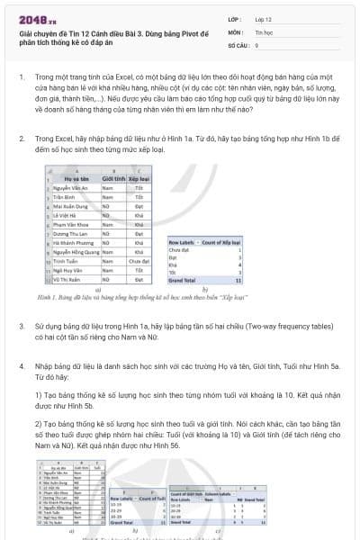 Giải chuyên đề Tin 12 Cánh diều Bài 3. Dùng bảng Pivot để phân tích thống kê có đáp án