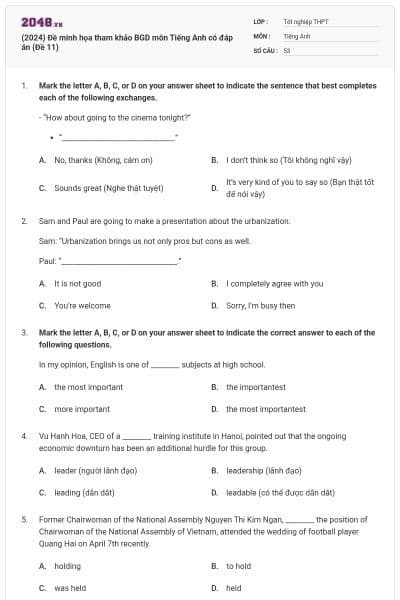 (2024) Đề minh họa tham khảo BGD môn Tiếng Anh có đáp án (Đề 11)