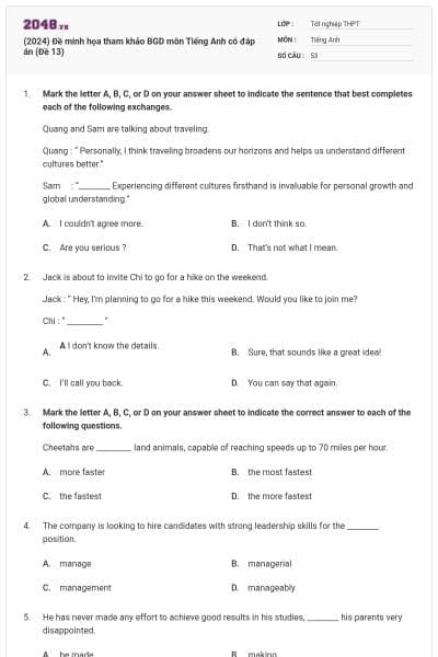 (2024) Đề minh họa tham khảo BGD môn Tiếng Anh có đáp án (Đề 13)