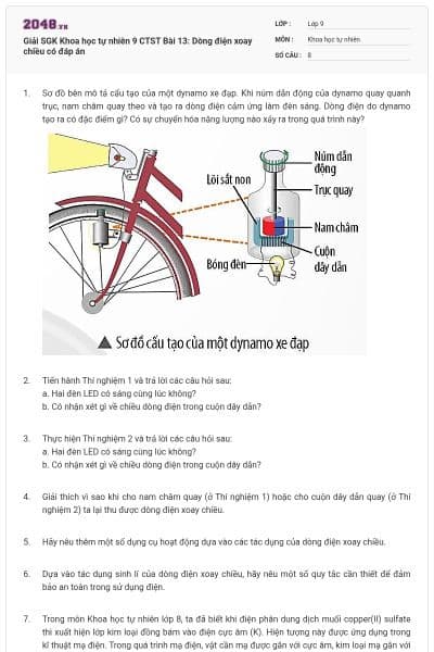 Giải SGK Khoa học tự nhiên 9 CTST Bài 13: Dòng điện xoay chiều có đáp án