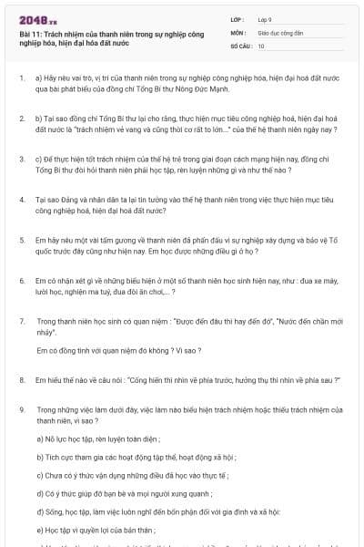 Bài 11: Trách nhiệm của thanh niên trong sự nghiệp công nghiệp hóa, hiện đại hóa đất nước
