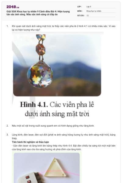 Giải SGK Khoa học tự nhiên 9 Cánh diều Bài 4: Hiện tượng tán sắc ánh sáng. Màu sắc ánh sáng có đáp án