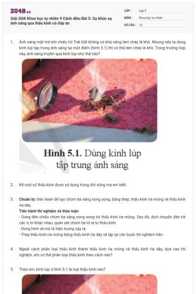 Giải SGK Khoa học tự nhiên 9 Cánh diều Bài 5: Sự khúc xạ ánh sáng qua thấu kính có đáp án