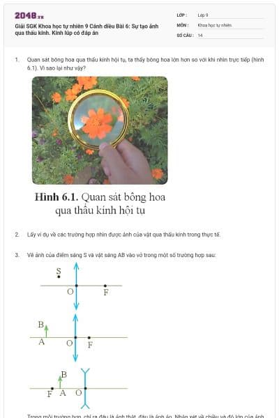 Giải SGK Khoa học tự nhiên 9 Cánh diều Bài 6: Sự tạo ảnh qua thấu kính. Kính lúp có đáp án