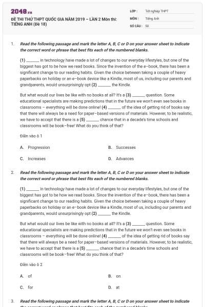 ĐỀ THI THỬ THPT QUỐC GIA NĂM 2019 – LẦN 2 Môn thi: TIẾNG ANH (Đề 18)