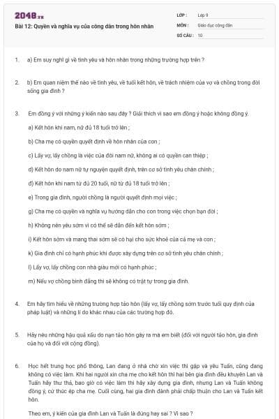 Bài 12: Quyền và nghĩa vụ của công dân trong hôn nhân