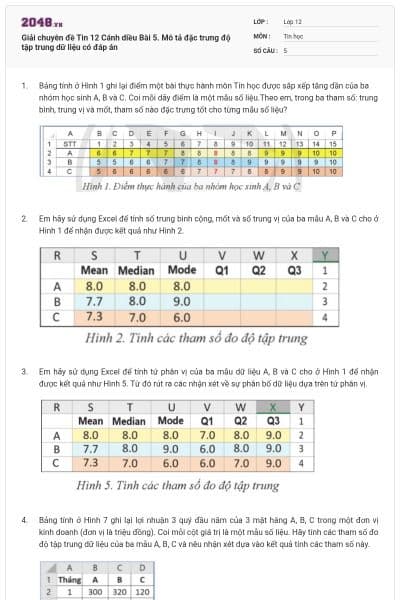Giải chuyên đề Tin 12 Cánh diều Bài 5. Mô tả đặc trưng độ tập trung dữ liệu có đáp án