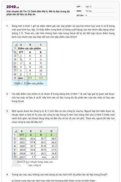 Giải chuyên đề Tin 12 Cánh diều Bài 6. Mô tả đặc trưng độ phân tán dữ liệu có đáp án