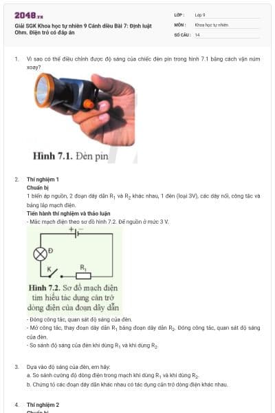 Giải SGK Khoa học tự nhiên 9 Cánh diều Bài 7: Định luật Ohm. Điện trở có đáp án