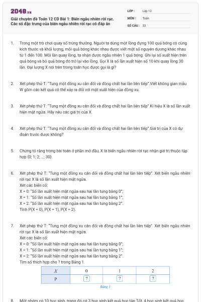 Giải chuyên đề Toán 12 CD Bài 1: Biến ngẫu nhiên rời rạc. Các số đặc trưng của biến ngẫu nhiên rời rạc có đáp án