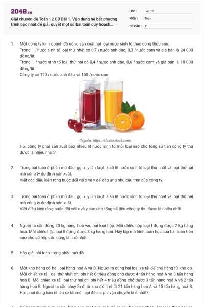 Giải chuyên đề Toán 12 CD Bài 1. Vận dụng hệ bất phương trình bậc nhất để giải quyết một số bài toán quy hoạch tuyến tính có đáp án