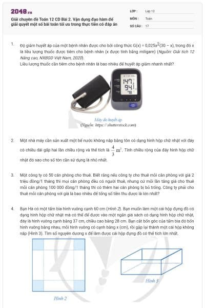 Giải chuyên đề Toán 12 CD Bài 2. Vận dụng đạo hàm để giải quyết một số bài toán tối ưu trong thực tiễn có đáp án