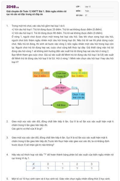 Giải chuyên đề Toán 12 KNTT Bài 1. Biến ngẫu nhiên rời rạc và các số đặc trưng có đáp án