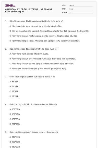 Giải SBT Địa lí 12 CD BÀI 1 VỊ TRÍ ĐỊA LÍ VÀ PHẠM VI LÃNH THỔ có đáp án
