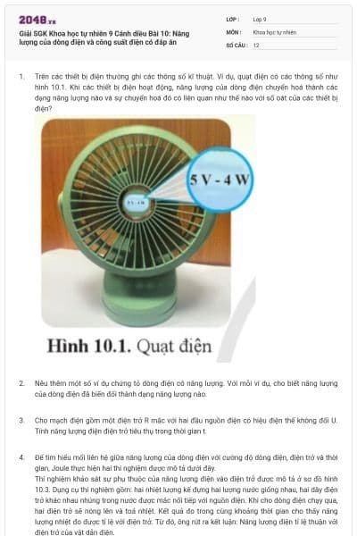 Giải SGK Khoa học tự nhiên 9 Cánh diều Bài 10: Năng lượng của dòng điện và công suất điện có đáp án